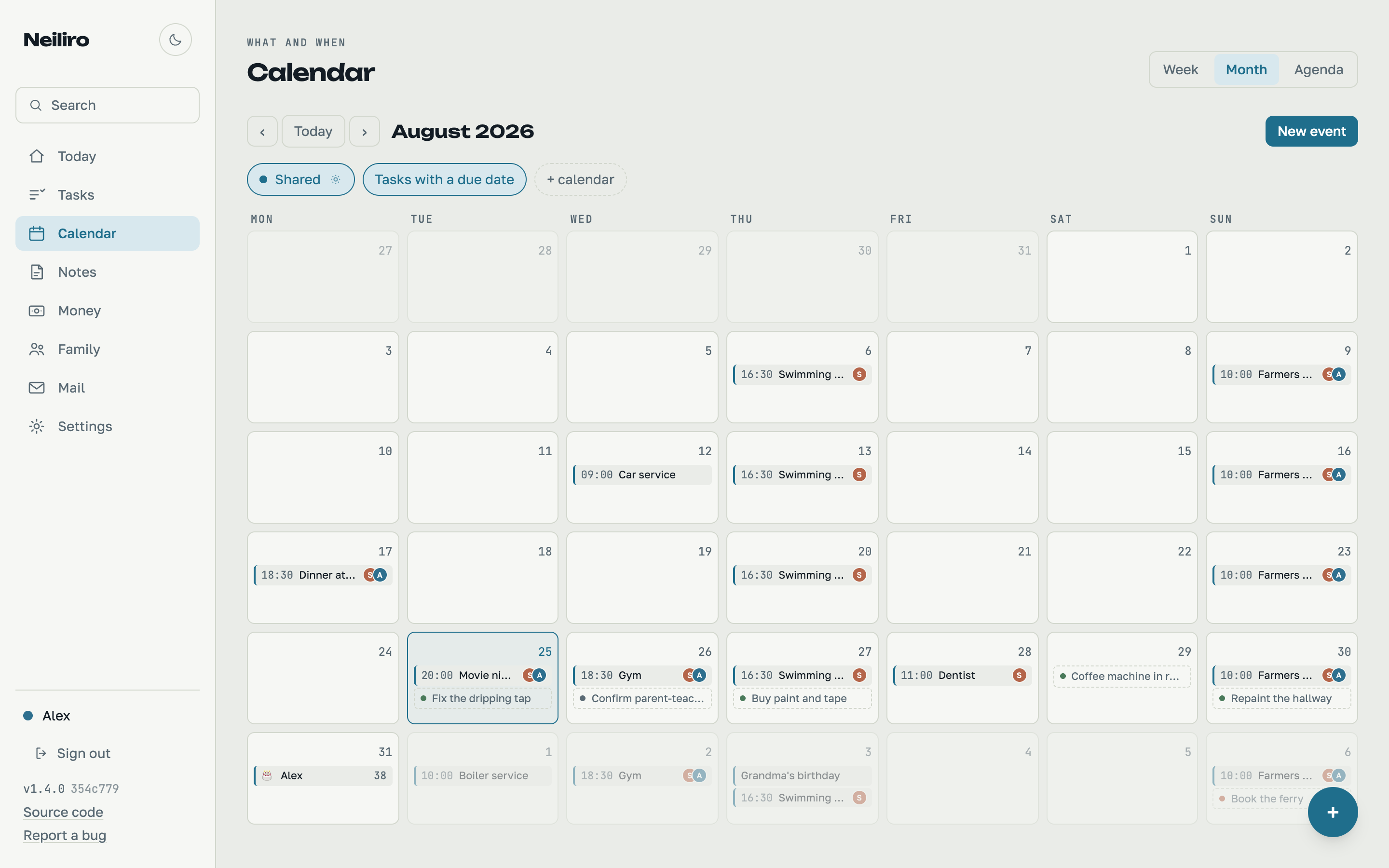 Family calendar with shared events and birthdays