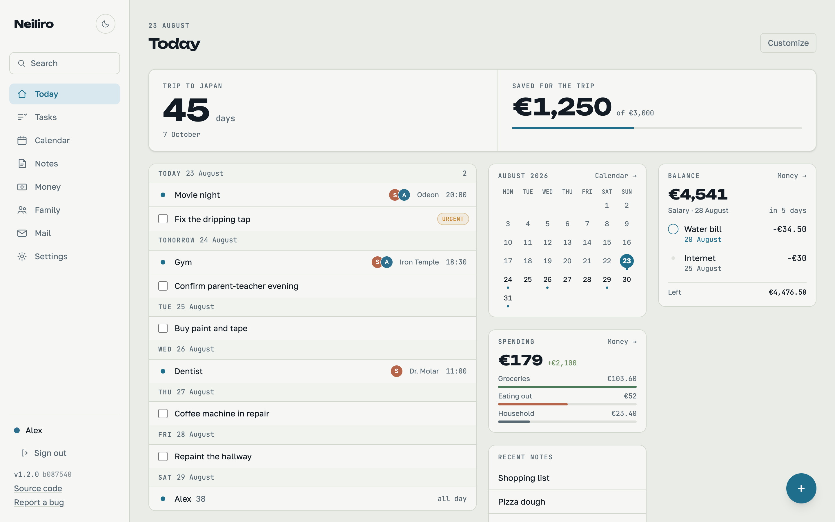 Neiliro dashboard: today's tasks, a family calendar, spending summary and recent notes on one screen